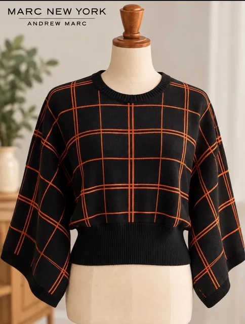 Marc New York Andrew Marc Windowpane Plaid Batwing Sweater L Black Orange