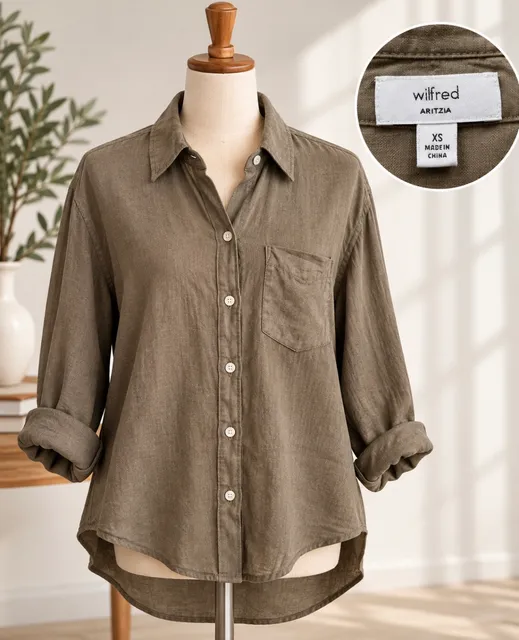 Aritzia Wilfred Women’s Linen Button Down Shirt XS Taupe Brown Oversized