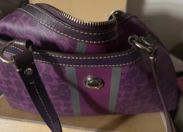Coach Signature Stripe Purple Coated Canvas Satchel Bag
