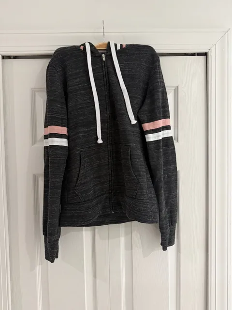 Reflex Full Zip Hoodie Size L Charcoal Gray Pink White Stripe