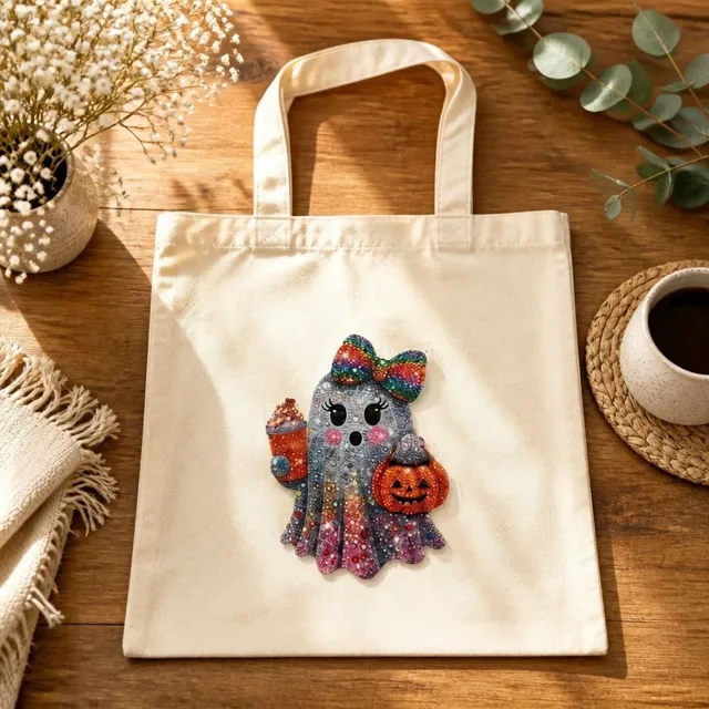 Halloween Diamond Painting Canvas Tote Bag Ghost Pumpkin Bow
