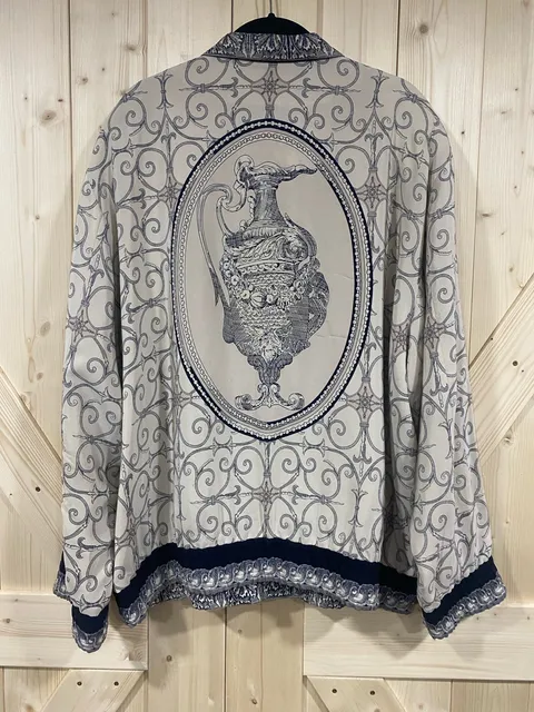 Peter Nygard Scroll Print 100% silk Bomber Jacket Size 14 Blue Cream