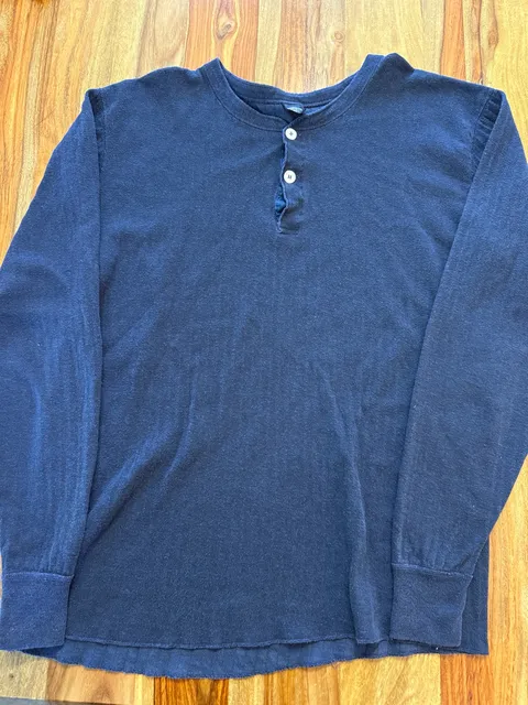 Lands' End Vintage Long Sleeve Henley Navy Cotton USA Made Sz Lg