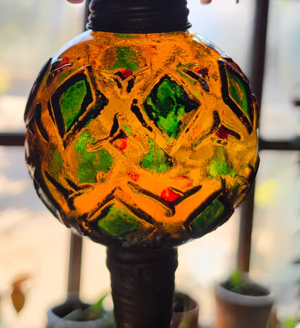 Vintage Amber And Green Glass Oil Lamp Font With Ornate Rusty Burner