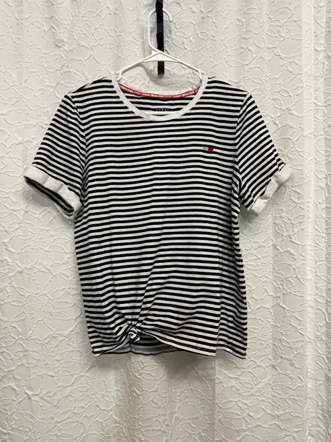 Tommy Hilfiger Sport Black White Striped Front Knot T Shirt Large L Embroidered