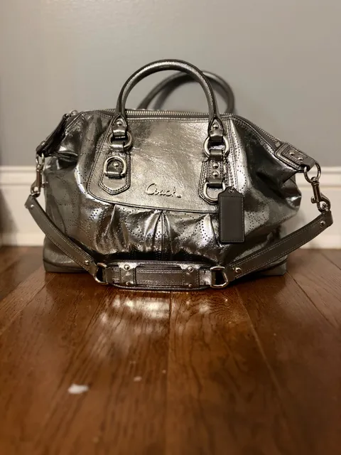 Coach Ashley Perforated Metallic Leather Satchel Handbag Silver