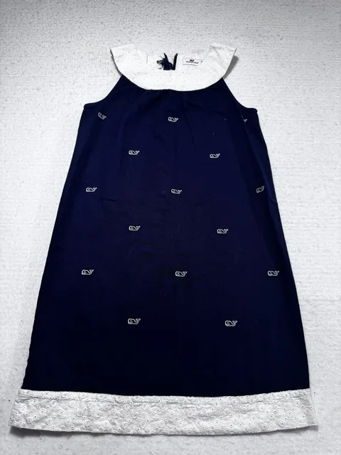 Vineyard Vines Girls Dress Size 12 Navy White Eyelet Collar