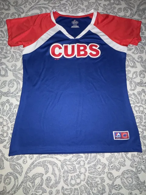 Women’s Majestic Chicago Cubs V-Neck Shirt Size XL Blue Red