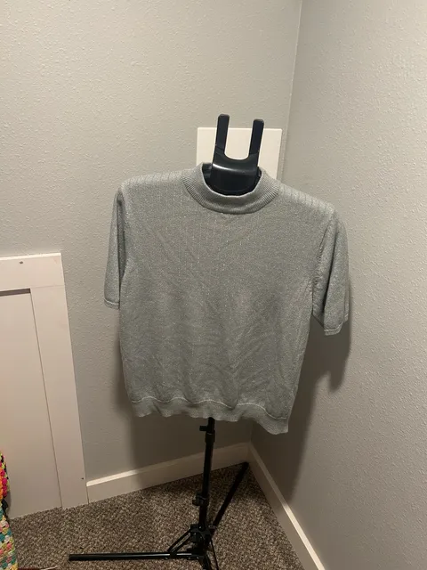 Sag Harbor Mock Neck Sweater Size X-Large Silver Metallic Ribbed Short Sleeve