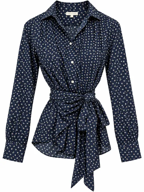 Ann Mashburn Tie Tunic Size S Blue Floral Poplin