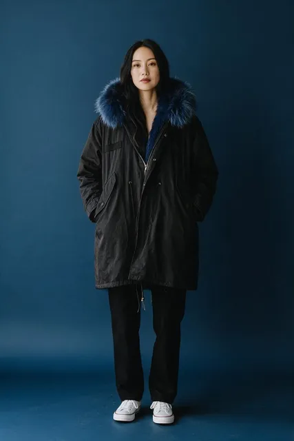 Fur Lined Parka Jacket Black Blue
