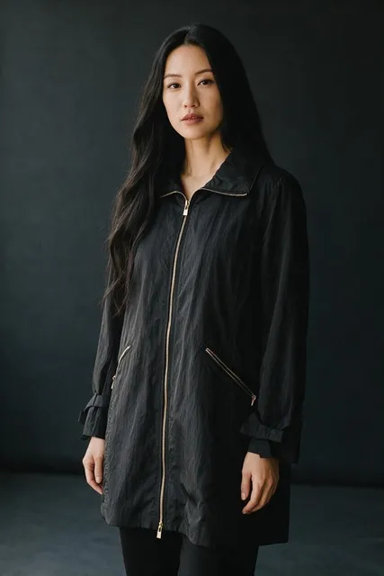Karl Lagerfeld Paris Raincoat Size XL Black Bow Detail