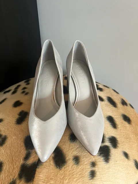 1.State Silver Block Heel Pumps Size 7.5 M Shimmer Pointed Toe