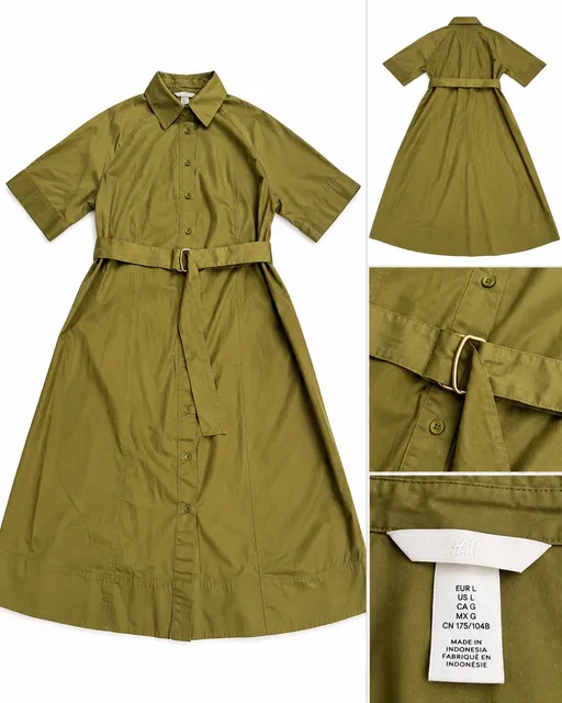 H&M Women’s Olive Green 100% Cotton Belted Midi Shirt Dress Size L