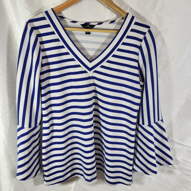 Jules & Leopold Blouse Size M Blue White Striped V-Neck Bell Sleeve Top