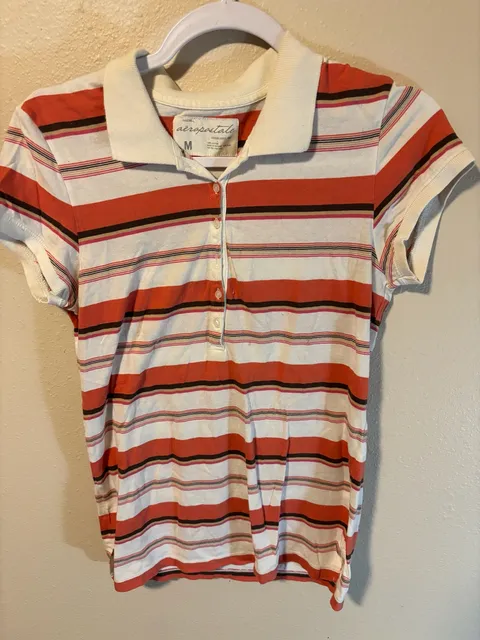 Aeropostale Striped Polo Shirt Size M Red White Short Sleeve Y2K