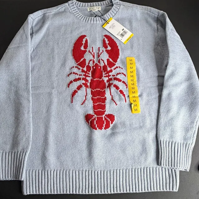 Mighty Fine Light Blue Lobster Graphic Crewneck Knit Sweater Size M