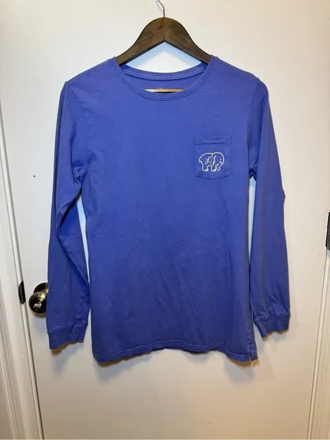 ivory ella Women’s Long-Sleeve Pocket Tee in Periwinkle Blue Elephant Print