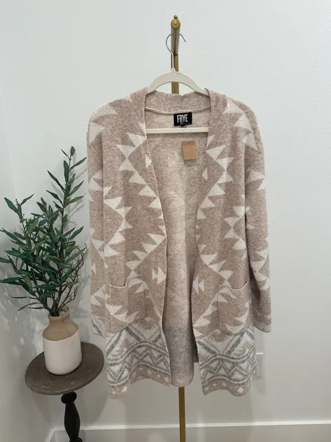 FRYE Open Front Cardigan Size XL Beige Southwestern Aztec Print