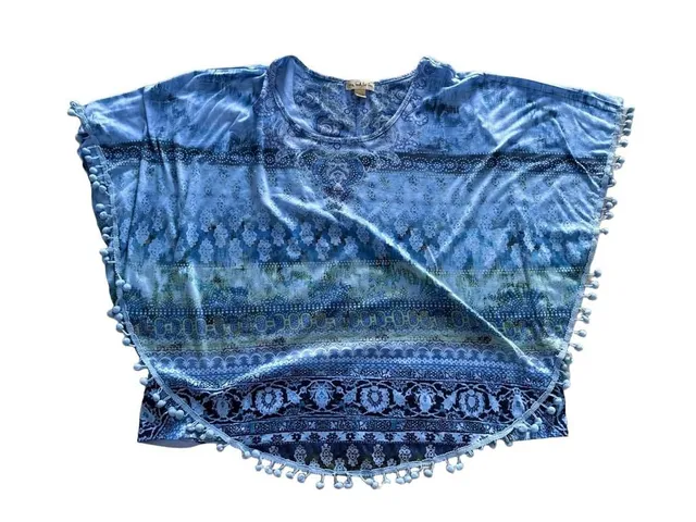 Un Deux Trois Poncho Blue Printed Pom Pom Trim