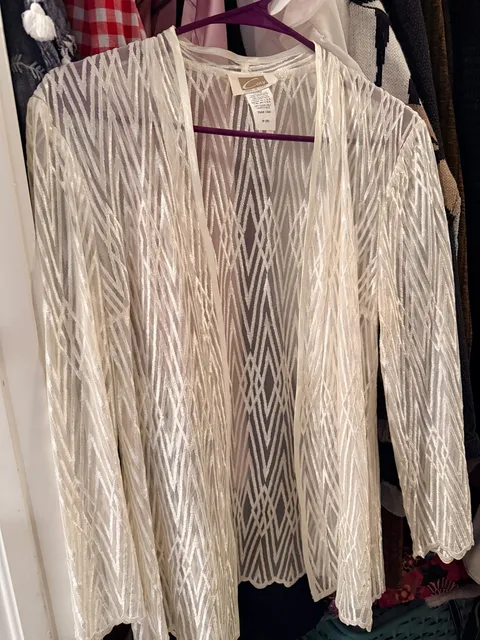 Coty Sheer Velvet Cardigan Size M White Geometric Open Front C490