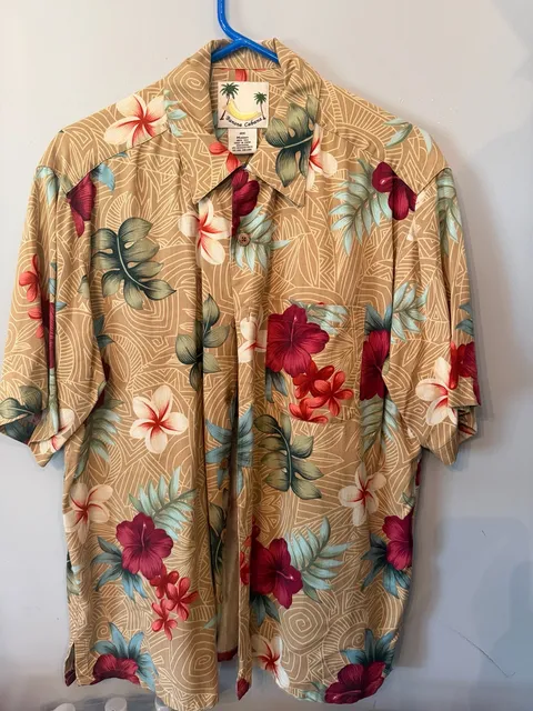 Banana Cabana Hawaiian Silk Shirt Size M Brown Floral