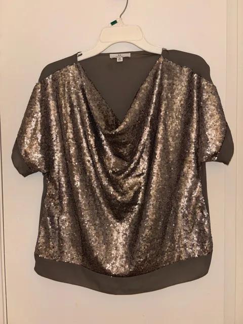 Halston Sequin Top Size S/P Gray Short Sleeve Cowl Neck Blouse