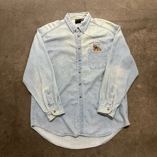 Vintage 90s Shedd Aquarium Chicago Frog Embroidered Denim Shirt Habitat Large