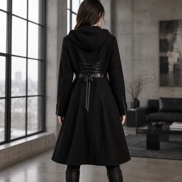 Her Universe Doctor Who Corset Back Coat Size 3 Black Wool Blend Hooded
