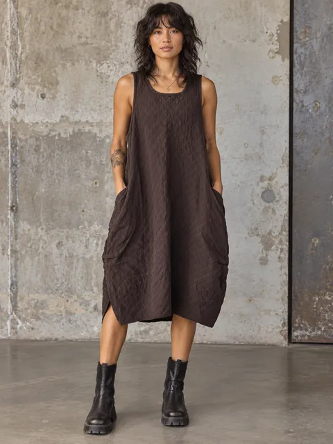 Draped Dress Brown Sleeveless Quilted Midi, M/L