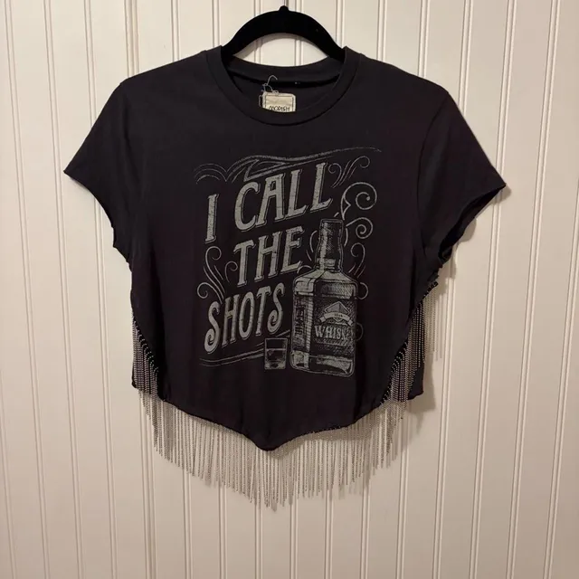 I Call the Shots Whiskey Chain Fringe V Cut Crop Tee XS