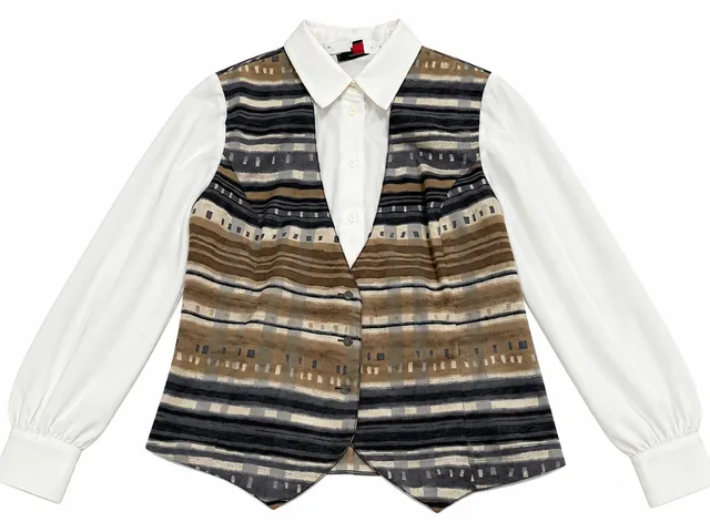 Alia Petites Blouse Size S Mock Vest Layered Stripe Shirt Brown White