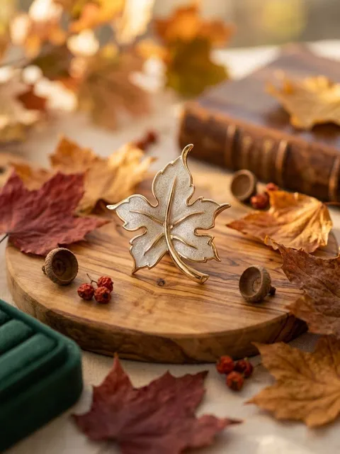 Vintage Gold Tone White Enamel Leaf Brooch Pin