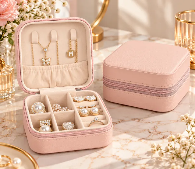 Portable Mini Travel PU Leather Jewelry Storage Box Pink
