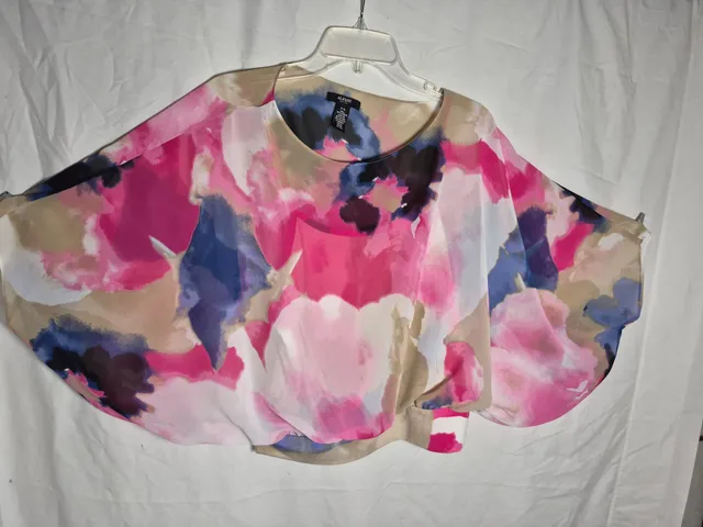 Alfani Petite Blouse Size P/S Pink Floral Watercolor Dolman Short Sleeve