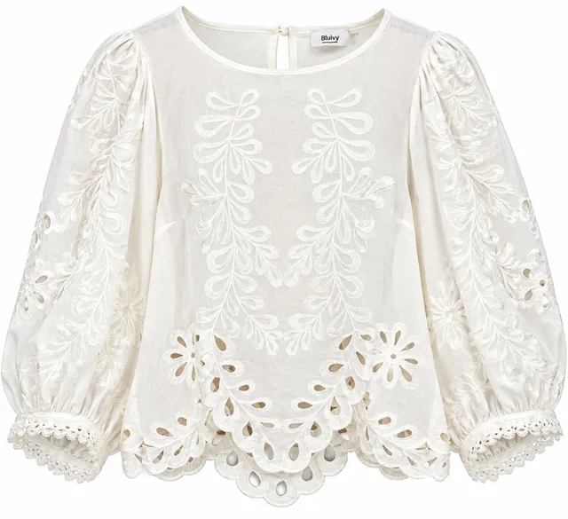 Bluivy Blouse Size S White Cutwork Puff Sleeve
