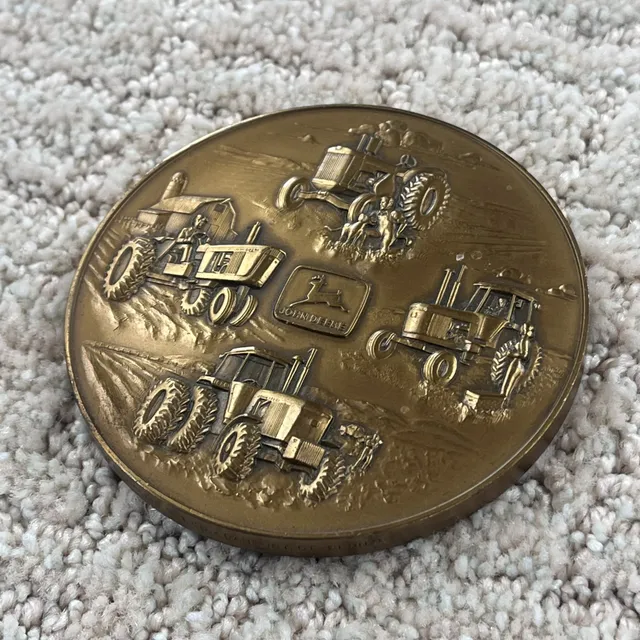 John Deere 1983 Tractor Calendar Medallion Bronze Coin With Wooden Stand