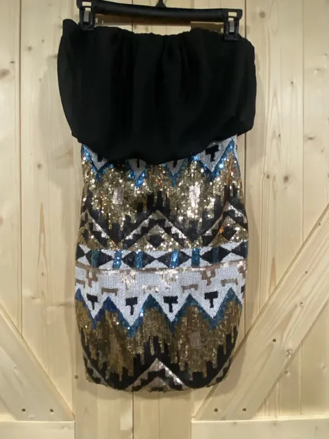C'est Toi Sequin Dress Size S Black Aztec Print Strapless Mini