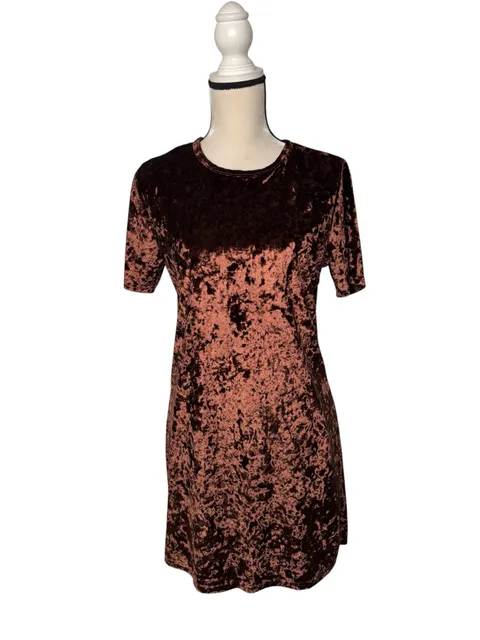 Crushed Velvet Dress Brown Short Sleeve Size M