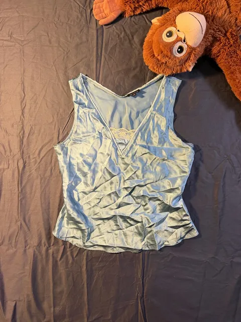 New Frontier Satin Tank Top Size M/P Blue Lace Trim