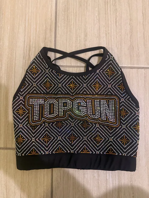 Top Gun Cheer Crop Top YL Black Rhinestone Strappy Back