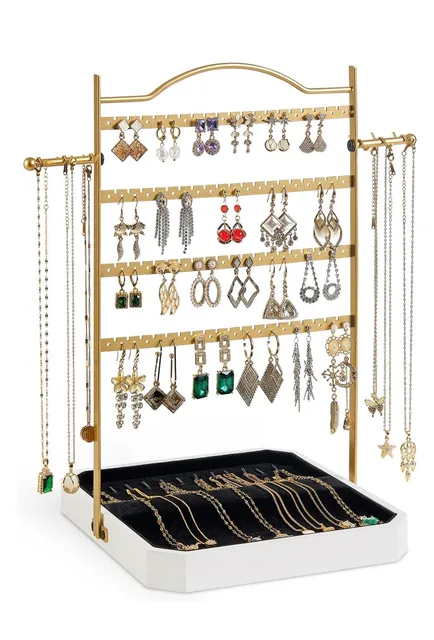 Gold Metal Jewelry Organizer Stand With White Wooden Tray