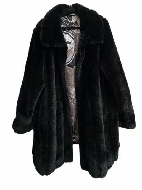 Dennis Basso Faux Fur Coat Size 2X Black Printed Lining