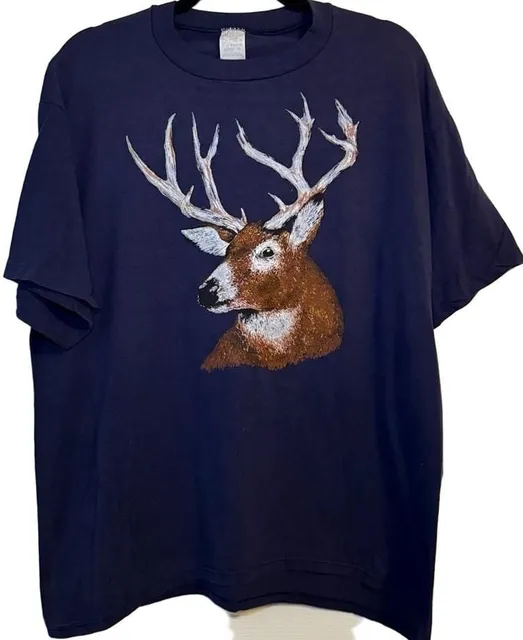 Russell Athletic Deer Buck Graphic T-Shirt 2XL Navy Blue Vintage USA Made