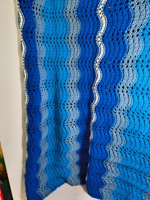 Handmade Crocheted Wave Afghan Throw Blanket Blue White