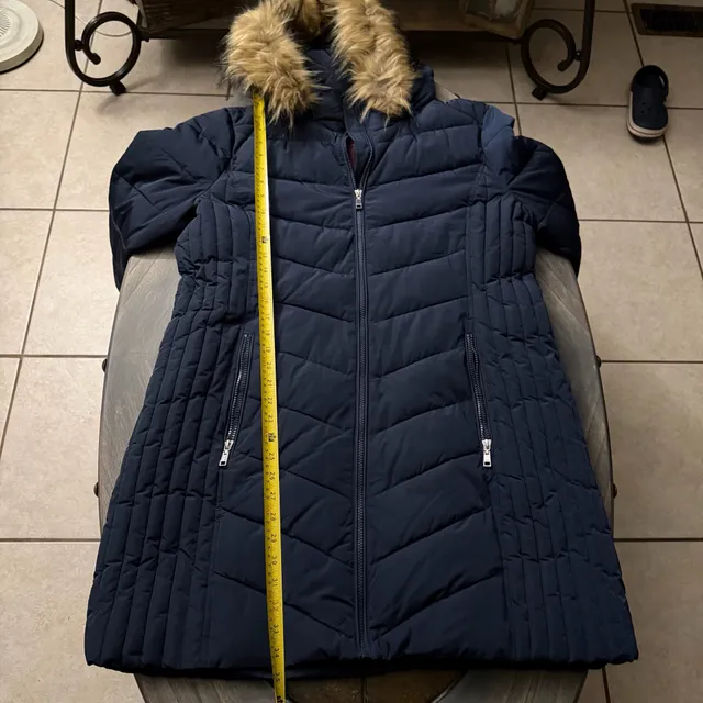 Tommy Hilfiger Quilted Puffer Coat Size XL Navy Blue Faux Fur