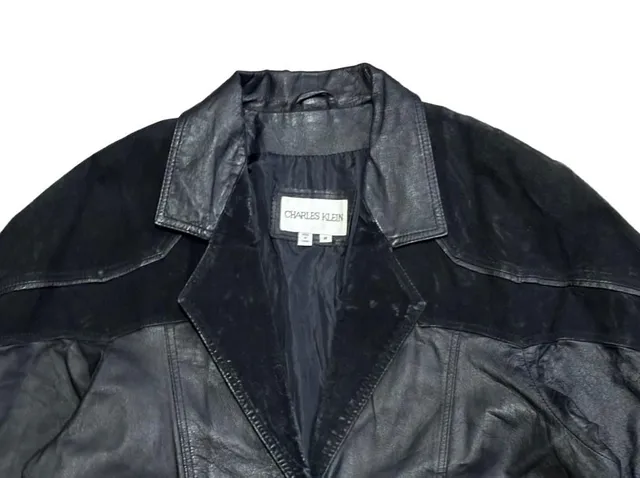 Charles Klein Leather Coat Size M Black Suede Trim Trench
