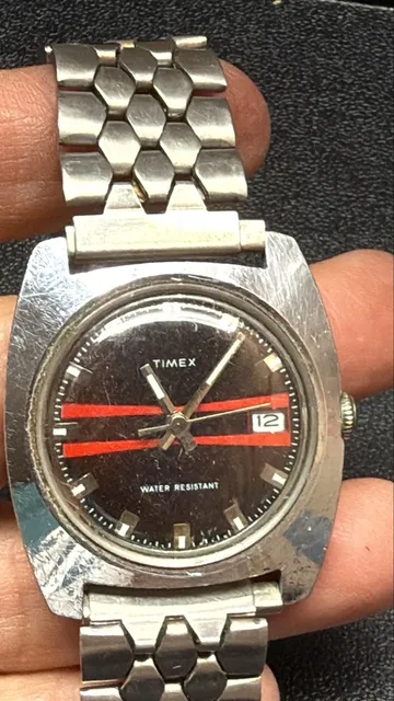 Timex Vintage Mechanical Watch Red Racing Stripe Black Dial Cushion