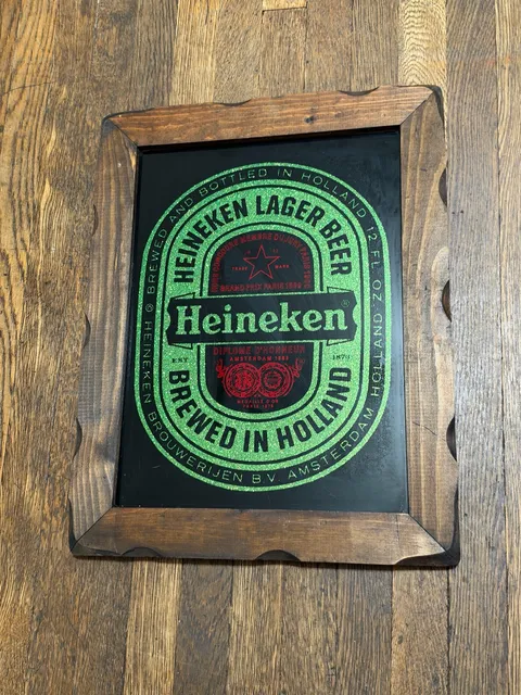 Vintage 70’s 80’s Heineken Lager Beer Wood Framed Mirror Sign Bar Pub Man Cave