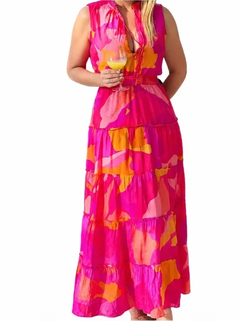 MSK women Hot Pink & Orange Tie-Neck Smocked Waist Maxi Dress S